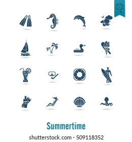 Summer and Beach Simple Flat Icons, Travel and Vacation. Vector
