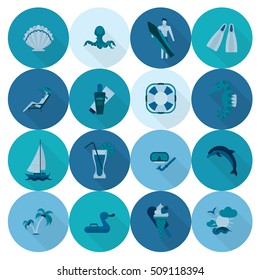 Summer and Beach Simple Flat Icons, Travel and Vacation. Vector
