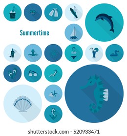 Summer and Beach Simple Flat Icons, Travel and Vacation. Vector