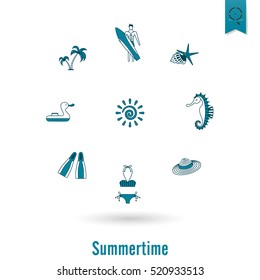 Summer and Beach Simple Flat Icons, Travel and Vacation. Vector
