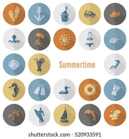 Summer and Beach Simple Flat Icons, Travel and Vacation. Vector