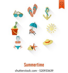 Summer and Beach Simple Flat Icons, Travel and Vacation. Vector