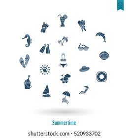 Summer and Beach Simple Flat Icons, Travel and Vacation. Vector