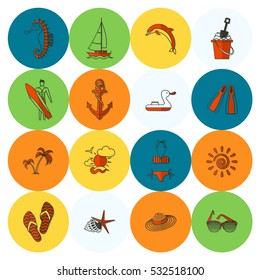 Summer and Beach Simple Flat Icons, Travel and Vacation. Vector