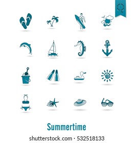 Summer and Beach Simple Flat Icons, Travel and Vacation. Vector
