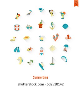 Summer and Beach Simple Flat Icons, Travel and Vacation. Vector