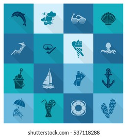 Summer and Beach Simple Flat Icons, Travel and Vacation. Vector