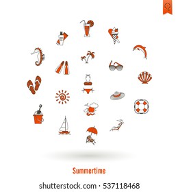 Summer and Beach Simple Flat Icons, Travel and Vacation. Vector