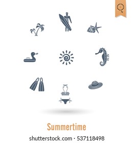 Summer and Beach Simple Flat Icons, Travel and Vacation. Vector