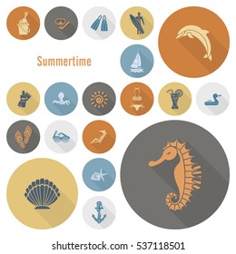 Summer and Beach Simple Flat Icons, Travel and Vacation. Vector