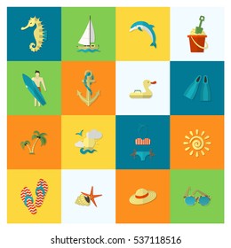 Summer and Beach Simple Flat Icons, Travel and Vacation. Vector