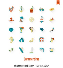 Summer and Beach Simple Flat Icons, Travel and Vacation. Vector