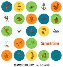 Summer and Beach Simple Flat Icons, Travel and Vacation. Vector