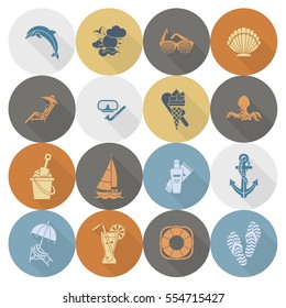 Summer and Beach Simple Flat Icons, Travel and Vacation. Vector