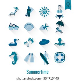 Summer and Beach Simple Flat Icons, Travel and Vacation. Vector