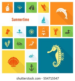 Summer and Beach Simple Flat Icons, Travel and Vacation. Vector