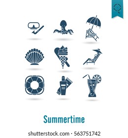 Summer and Beach Simple Flat Icons, Travel and Vacation. Vector