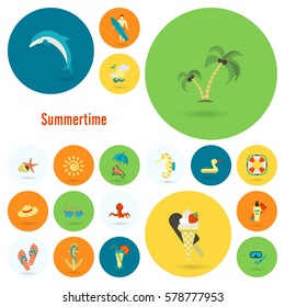 Summer and Beach Simple Flat Icons, Travel and Vacation. Vector