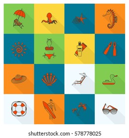Summer and Beach Simple Flat Icons, Travel and Vacation. Vector