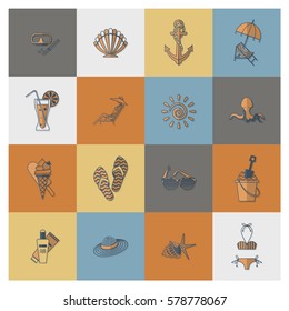 Summer and Beach Simple Flat Icons, Travel and Vacation. Vector