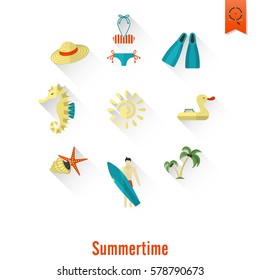 Summer and Beach Simple Flat Icons, Travel and Vacation. Vector