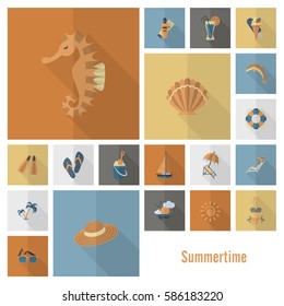 Summer and Beach Simple Flat Icons, Travel and Vacation. Vector