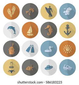 Summer and Beach Simple Flat Icons, Travel and Vacation. Vector