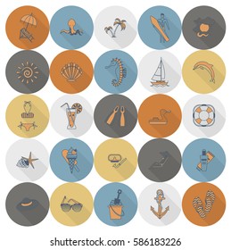 Summer and Beach Simple Flat Icons, Travel and Vacation. Vector