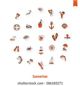 Summer and Beach Simple Flat Icons, Travel and Vacation. Vector