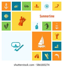 Summer and Beach Simple Flat Icons, Travel and Vacation. Vector