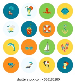 Summer and Beach Simple Flat Icons, Travel and Vacation. Vector