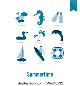 Summer and Beach Simple Flat Icons, Travel and Vacation. Vector
