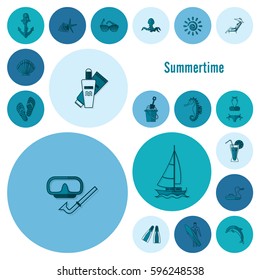 Summer and Beach Simple Flat Icons, Travel and Vacation. Vector