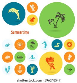 Summer and Beach Simple Flat Icons, Travel and Vacation. Vector