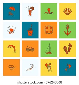Summer and Beach Simple Flat Icons, Travel and Vacation. Vector