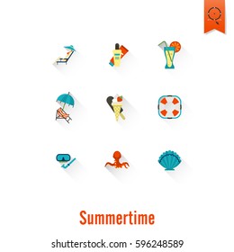 Summer and Beach Simple Flat Icons, Travel and Vacation. Vector