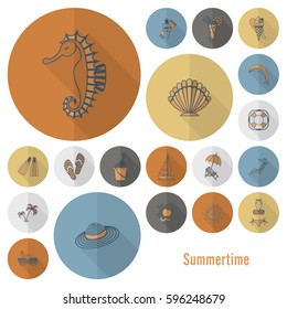 Summer and Beach Simple Flat Icons, Travel and Vacation. Vector