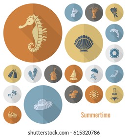 Summer and Beach Simple Flat Icons, Travel and Vacation. Vector