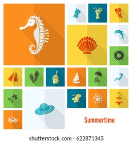 Summer and Beach Simple Flat Icons, Travel and Vacation. Vector