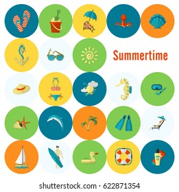 Summer and Beach Simple Flat Icons, Travel and Vacation. Vector