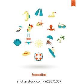 Summer and Beach Simple Flat Icons, Travel and Vacation. Vector