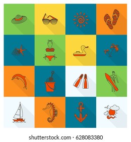 Summer and Beach Simple Flat Icons, Travel and Vacation. Vector