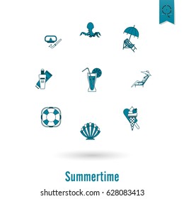 Summer and Beach Simple Flat Icons, Travel and Vacation. Vector