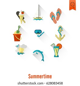 Summer and Beach Simple Flat Icons, Travel and Vacation. Vector