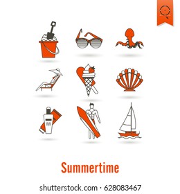 Summer and Beach Simple Flat Icons, Travel and Vacation. Vector
