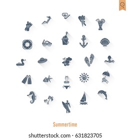 Summer and Beach Simple Flat Icons, Travel and Vacation. Vector