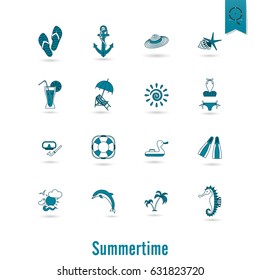Summer and Beach Simple Flat Icons, Travel and Vacation. Vector