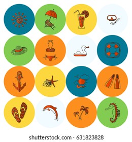 Summer and Beach Simple Flat Icons, Travel and Vacation. Vector