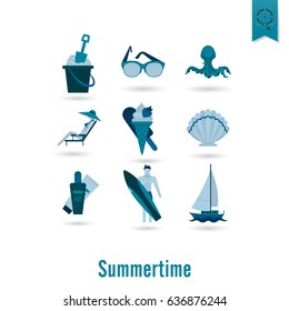 Summer and Beach Simple Flat Icons, Travel and Vacation. Vector