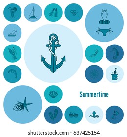 Summer and Beach Simple Flat Icons, Travel and Vacation. Vector